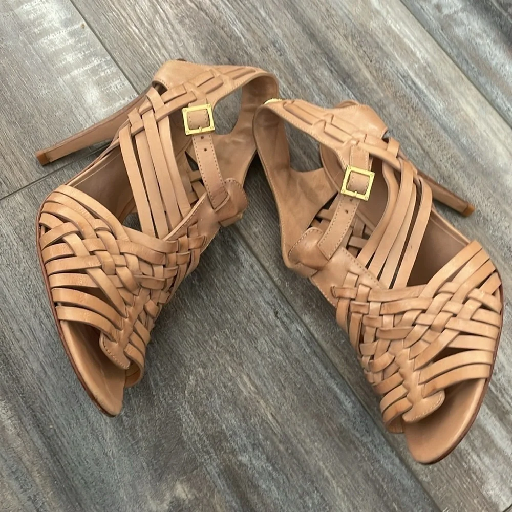 TORY BURCH Nadia brown woven leather logo detail huarache sandals heels 9.5